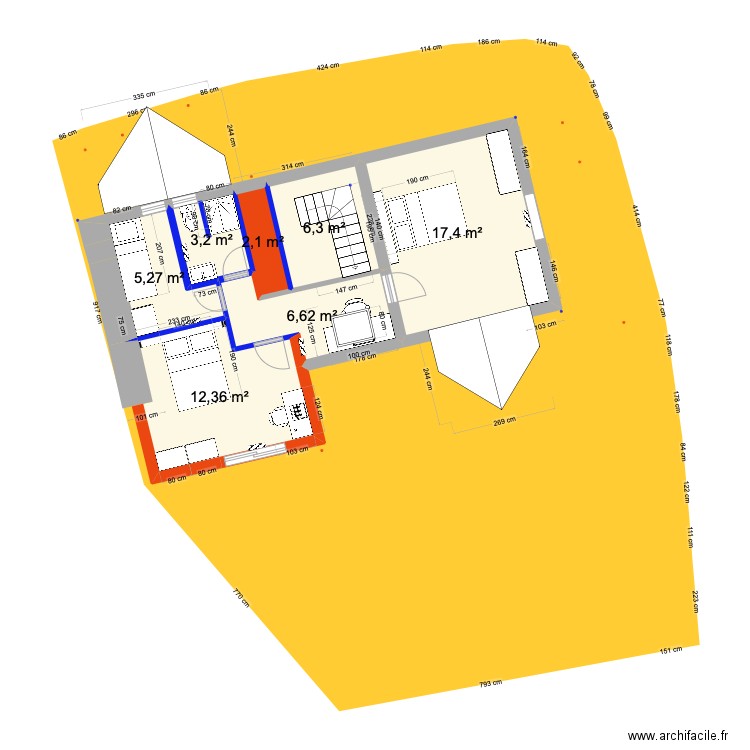 PRIEUX intérieur 1ER 1 bis eco + chien assis et extension. Plan de 7 pièces et 53 m2