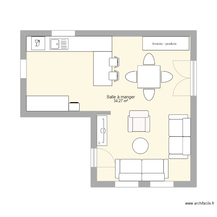 salon. Plan de 1 pièce et 34 m2