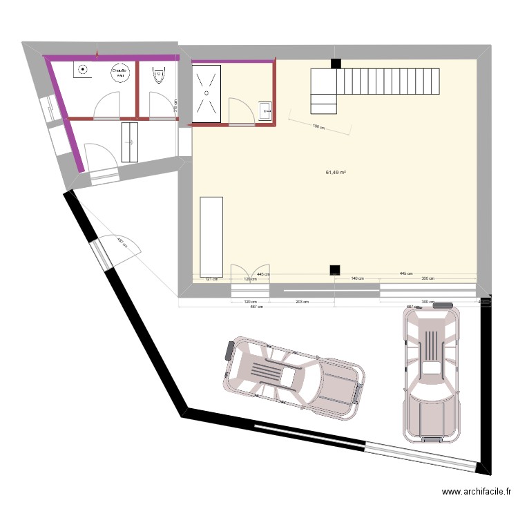 Plan RDC un seul escalier avec section poutre. Plan de 1 pièce et 61 m2