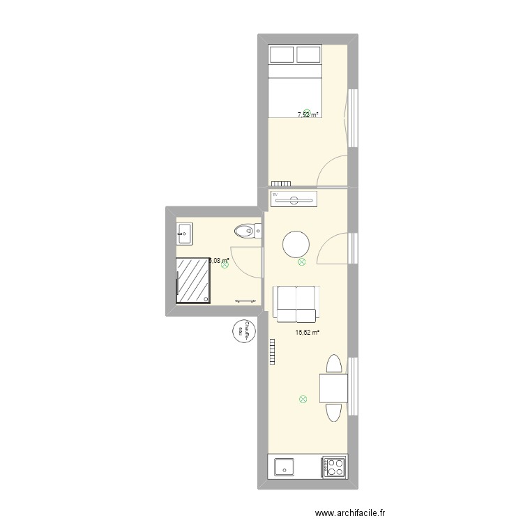 appartement sous sol. Plan de 3 pièces et 28 m2