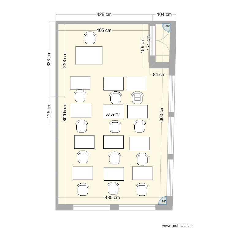 salle de classe. Plan de 1 pièce et 38 m2