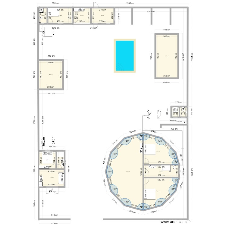 48H eau évac. Plan de 15 pièces et 214 m2