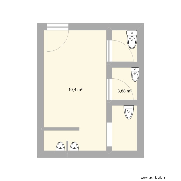 Toilettes collège. Plan de 2 pièces et 14 m2