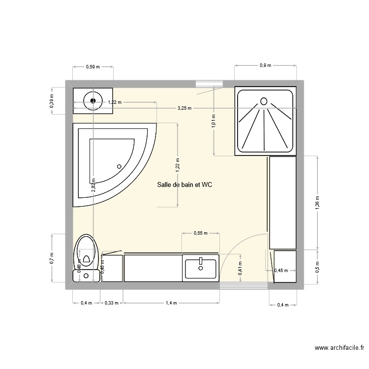 SDB. Plan de 1 pièce et 9 m2