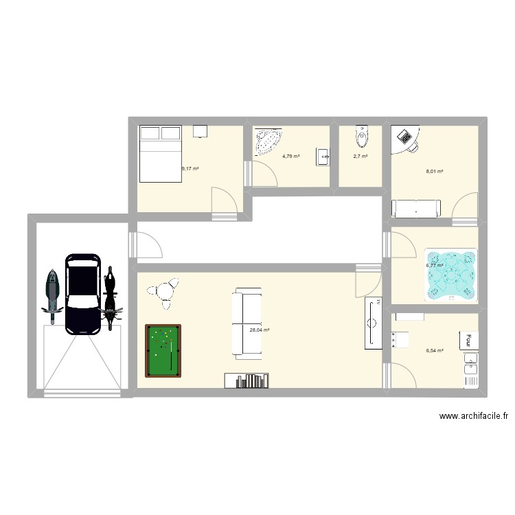 doss. Plan de 7 pièces et 66 m2