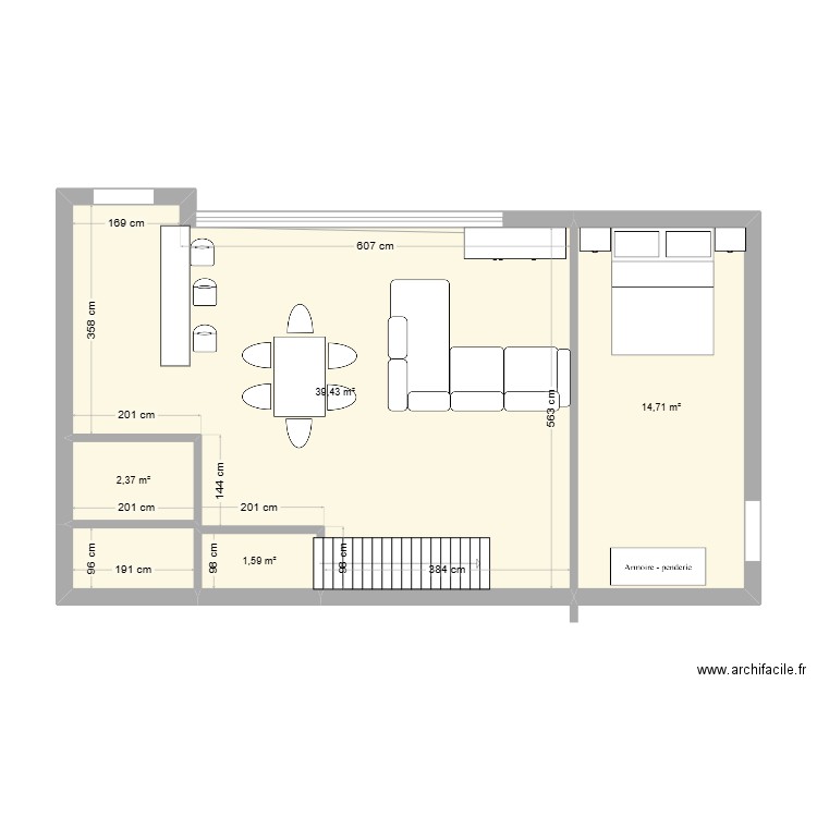 Salon + chambre. Plan de 4 pièces et 58 m2