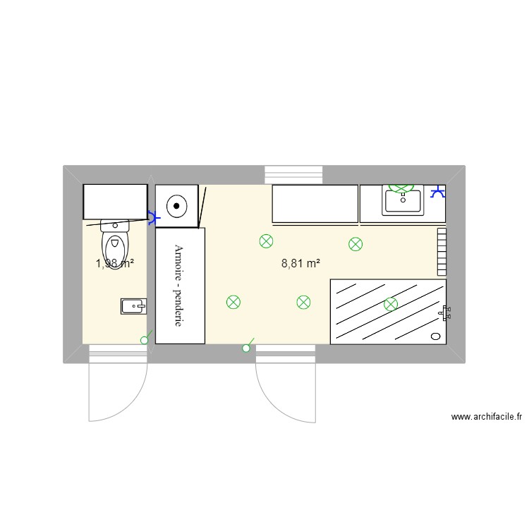 Salle de  bain . Plan de 2 pièces et 11 m2