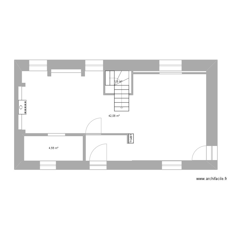 existant RDC lapinette. Plan de 3 pièces et 58 m2