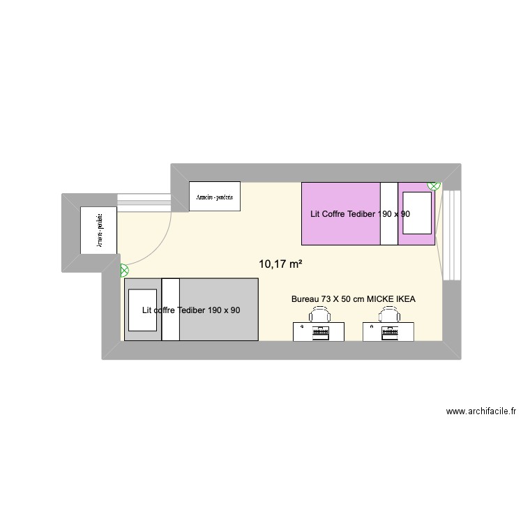 chambre jumeaux. Plan de 1 pièce et 10 m2