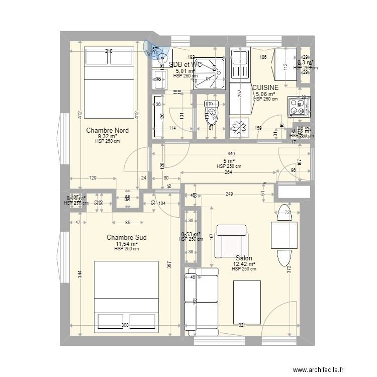 Appart avec meuble. Plan de 10 pièces et 50 m2