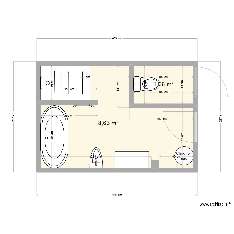 SDB etage. Plan de 2 pièces et 10 m2