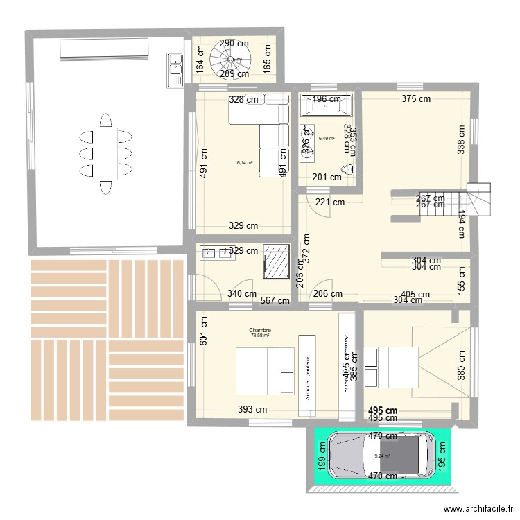 renovsul cuisine dans garage. Plan de 5 pièces et 110 m2