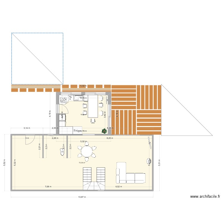 Projet extension cuisine. Plan de 2 pièces et 91 m2