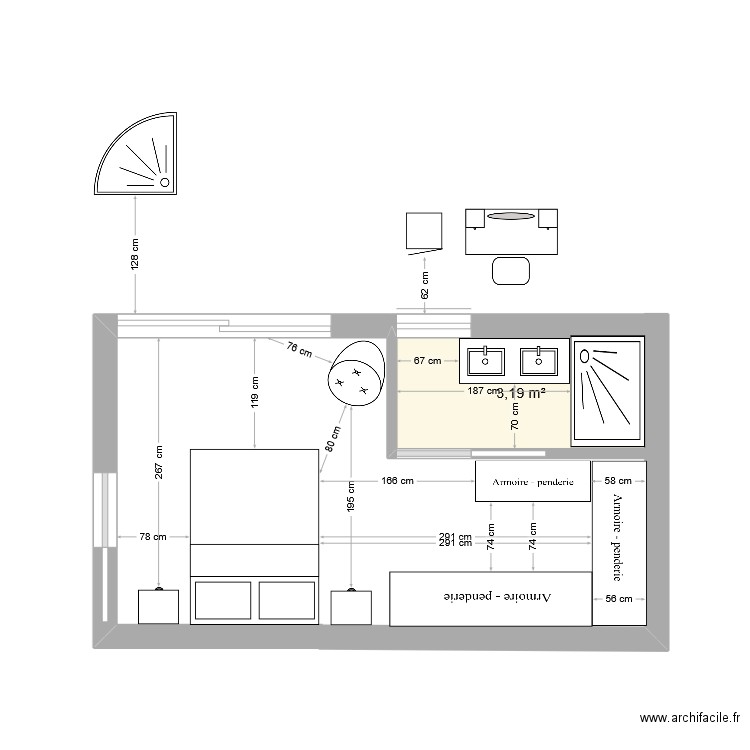 aménagement suite parentale. Plan de 1 pièce et 3 m2