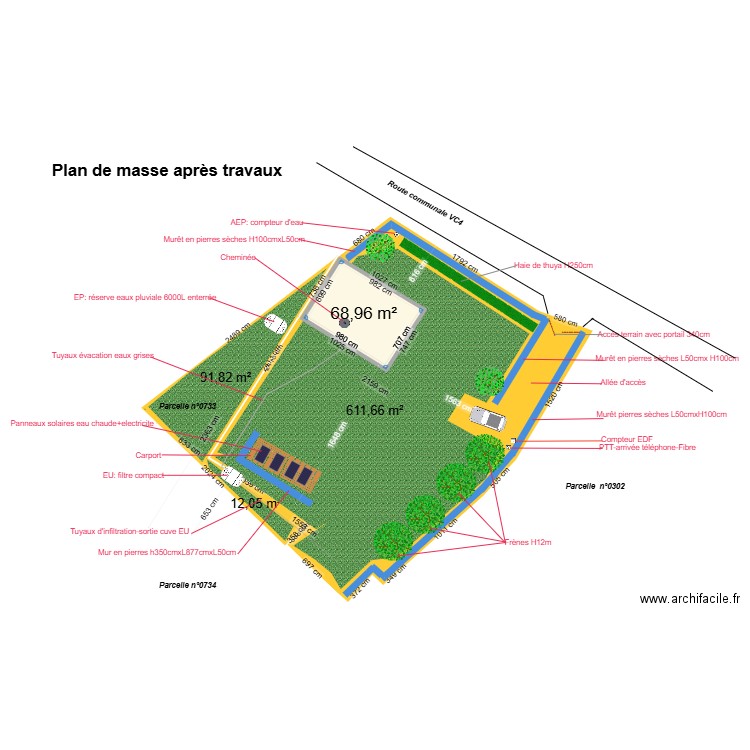 plan de masse après travaux. Plan de 1 pièce et 69 m2