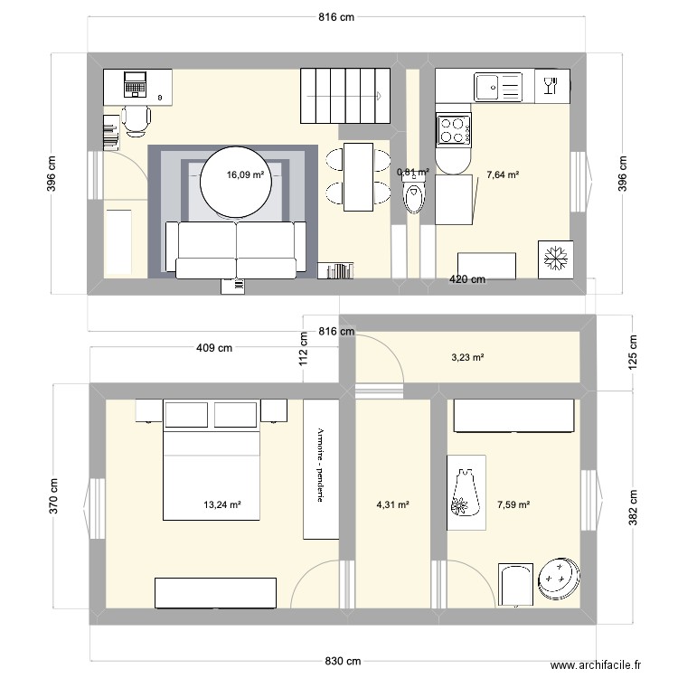 Maison MTB. Plan de 7 pièces et 53 m2