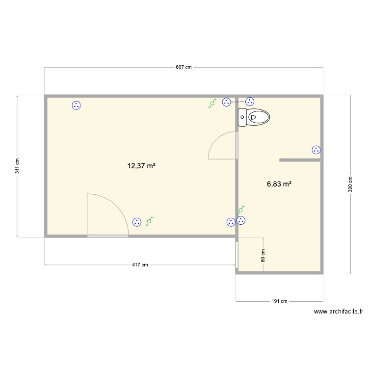 Abri aménagé. Plan de 2 pièces et 19 m2