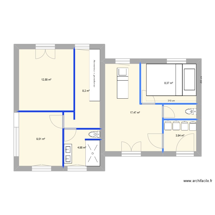 extension 2. Plan de 7 pièces et 65 m2