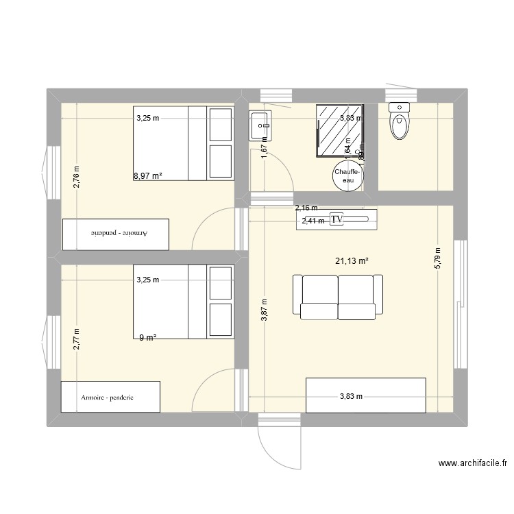 MAison. Plan de 3 pièces et 39 m2