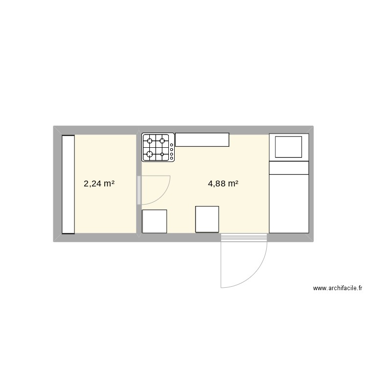 tonne. Plan de 2 pièces et 7 m2