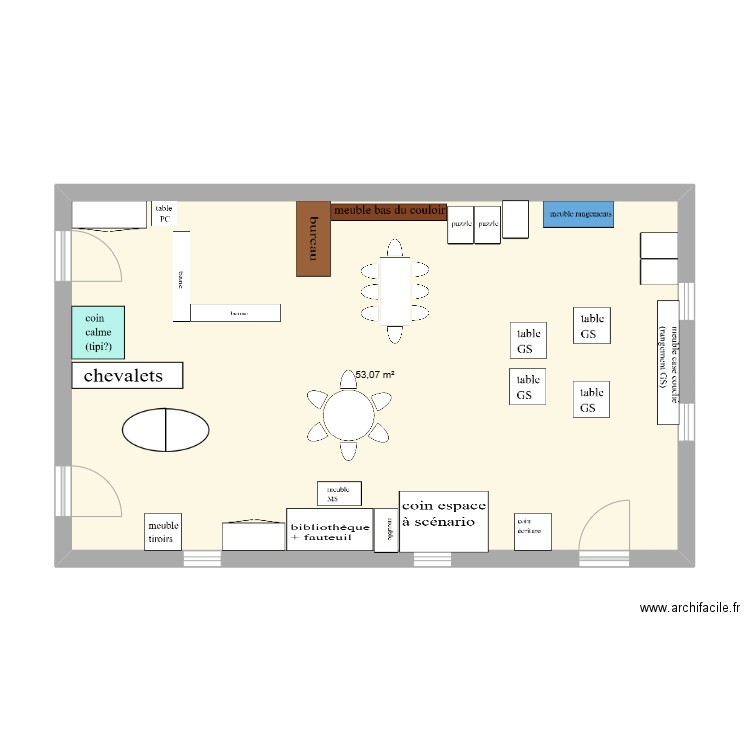 plan classe. Plan de 1 pièce et 53 m2