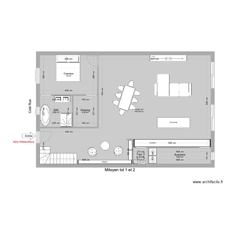 RDC PRINCIPALE. Plan de 6 pièces et 104 m2