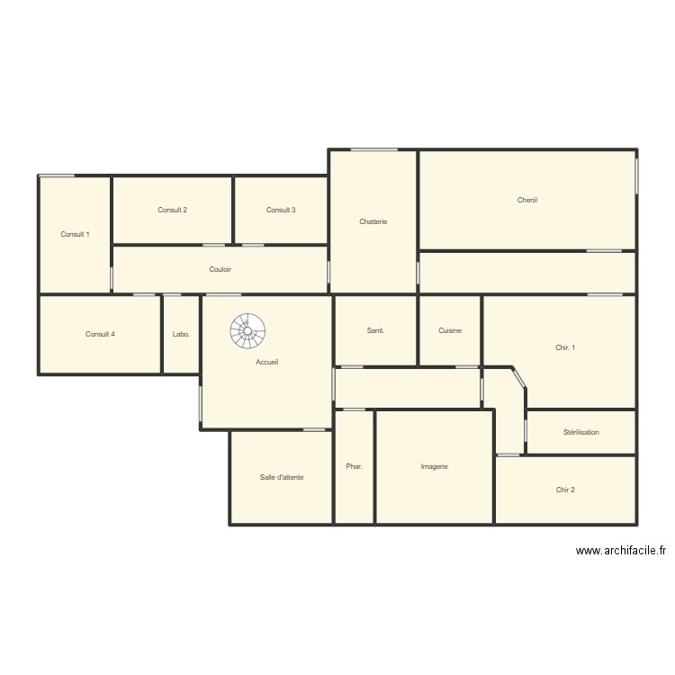 clinique. Plan de 20 pièces et 124 m2