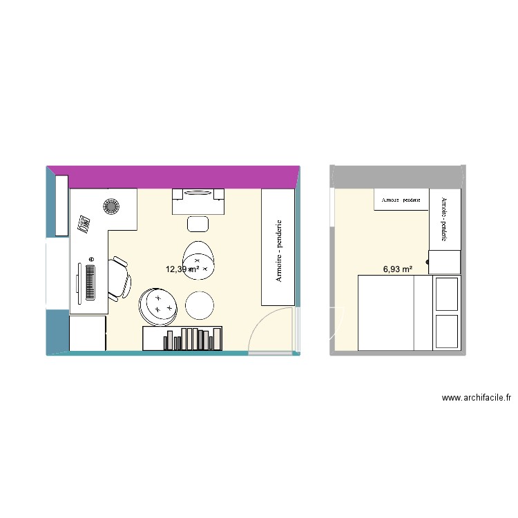 chambre. Plan de 2 pièces et 19 m2