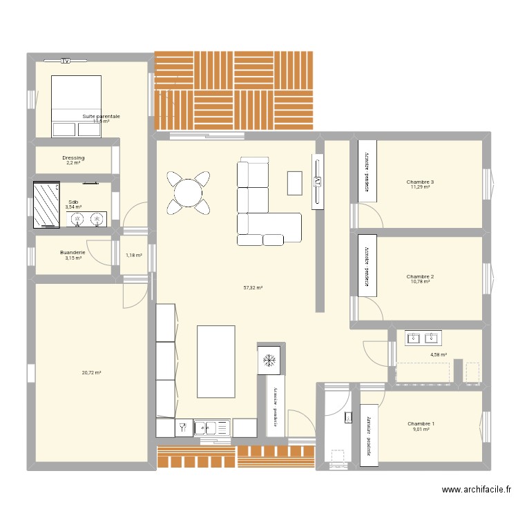 Plan maison de plein pied 4 ch. Plan de 11 pièces et 135 m2