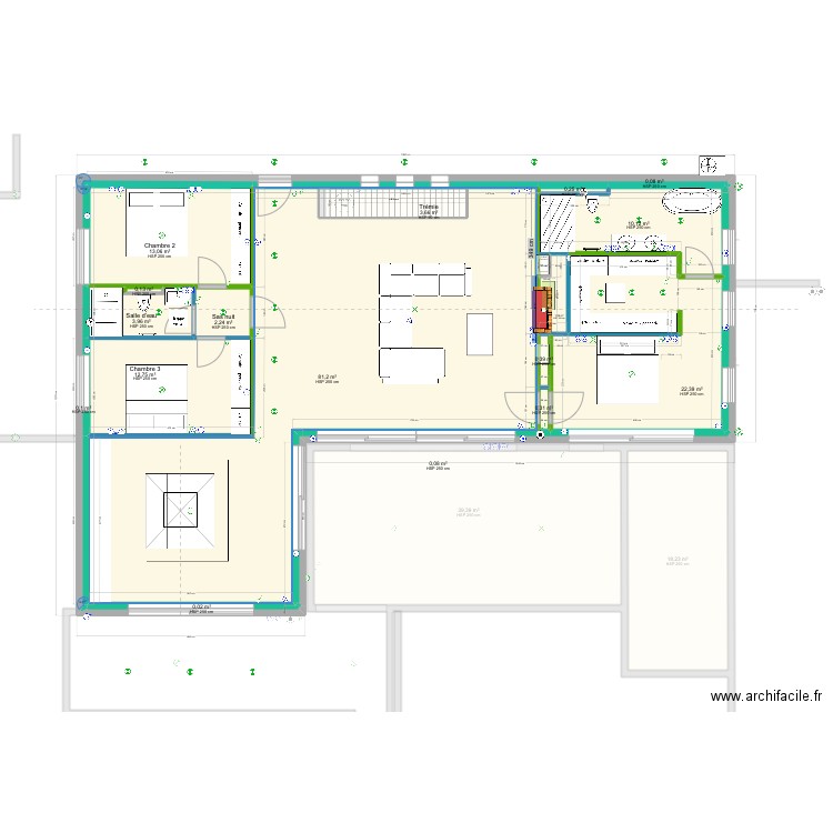 Cloisonnement insert variante et lustre. Plan de 29 pièces et 375 m2