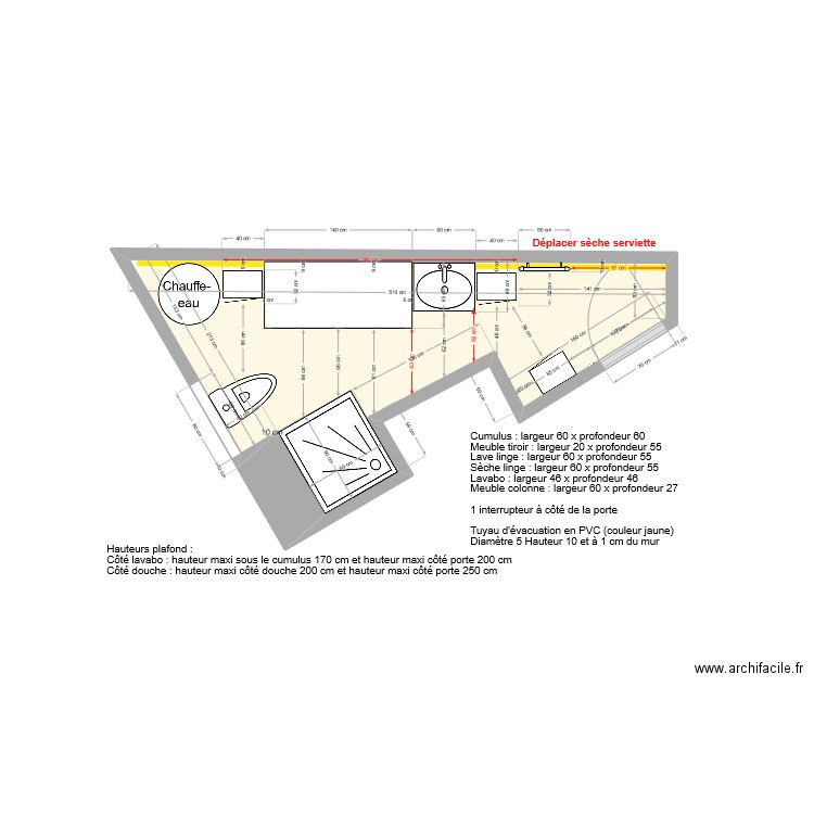 Salle de bain projet ameublement Leroy Merlin. Plan de 1 pièce et 7 m2