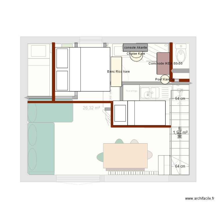 moriond 12eme. Plan de 2 pièces et 28 m2