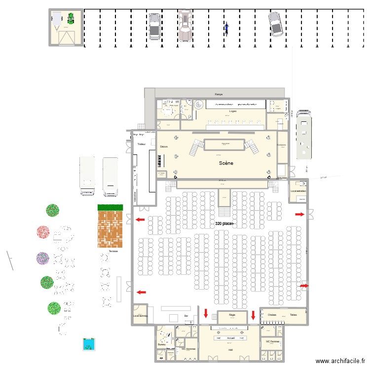 Cabaret 336 places tables rectangulaires. Plan de 31 pièces et 430 m2