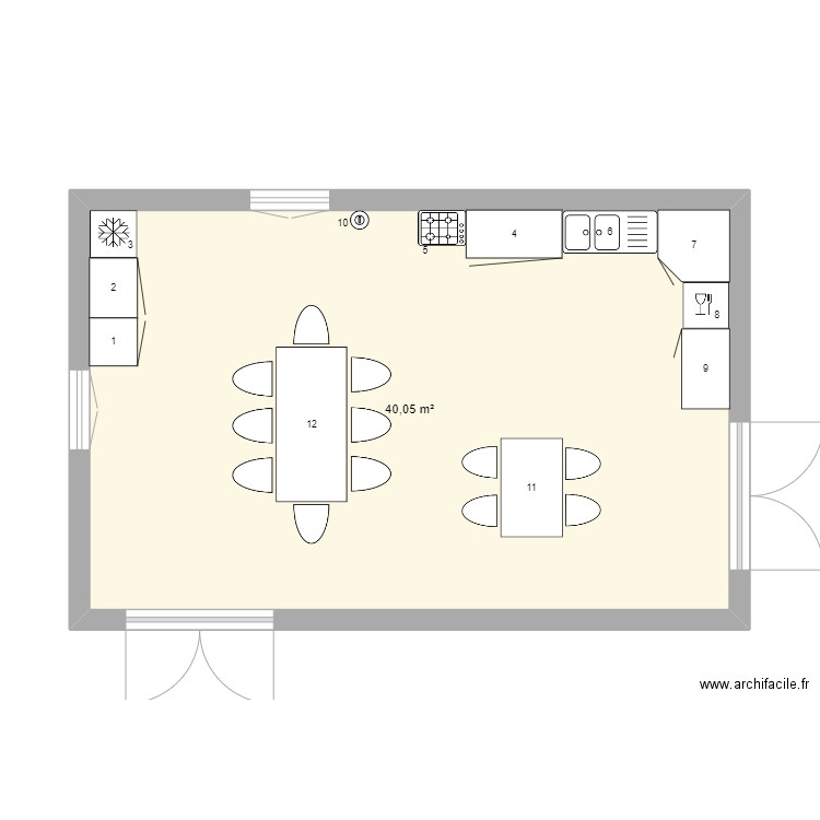 cuisine pour personne à mobilité réduite. Plan de 1 pièce et 40 m2