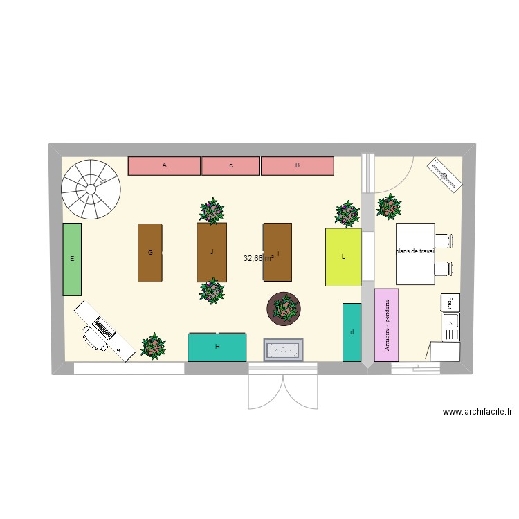 patisserie. Plan de 1 pièce et 33 m2