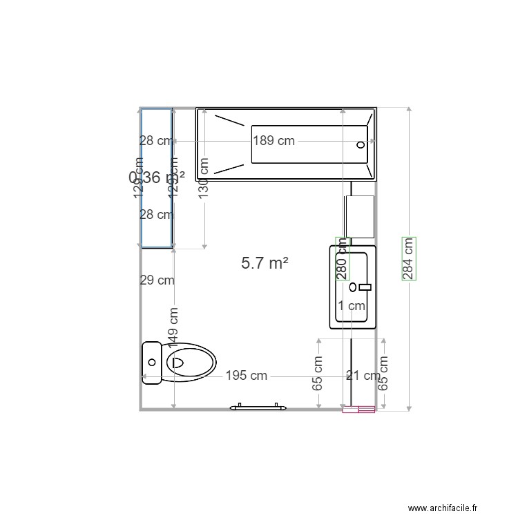 SALLE DE BAIN. Plan de 2 pièces et 6 m2