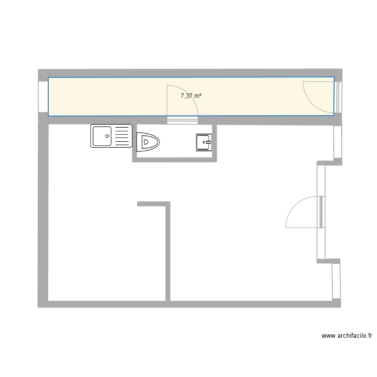 pata. Plan de 1 pièce et 7 m2