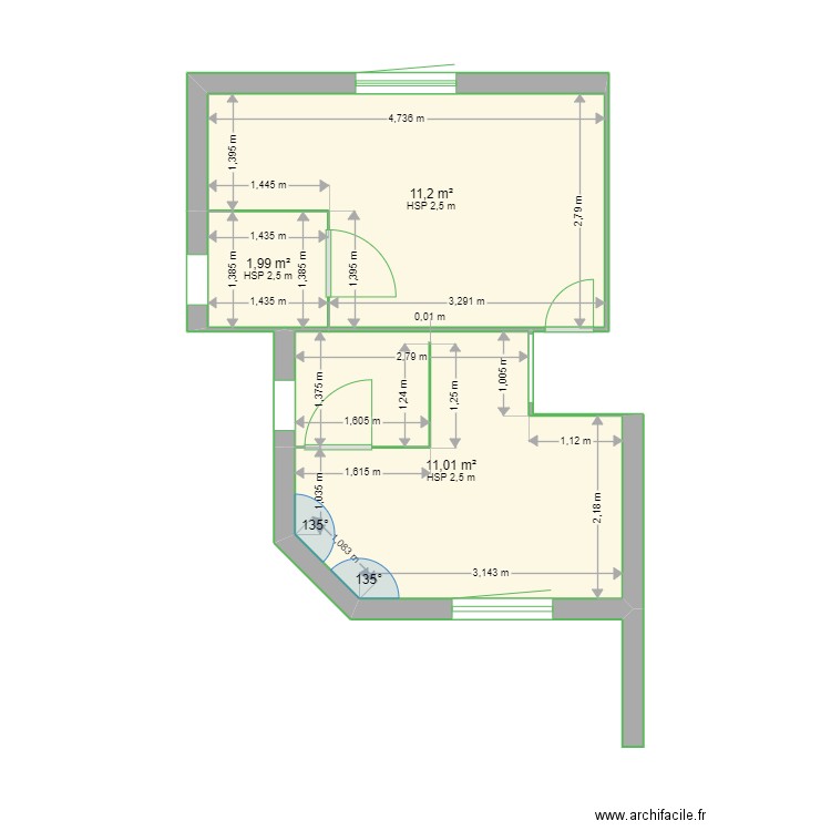 plan yu. Plan de 3 pièces et 24 m2