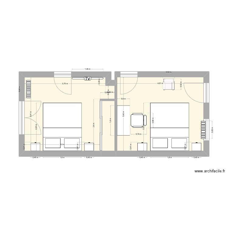 chambres. Plan de 3 pièces et 28 m2