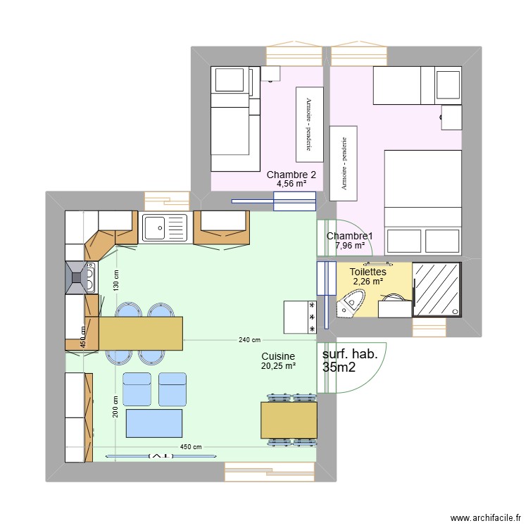 Maison carré 02. Plan de 4 pièces et 35 m2