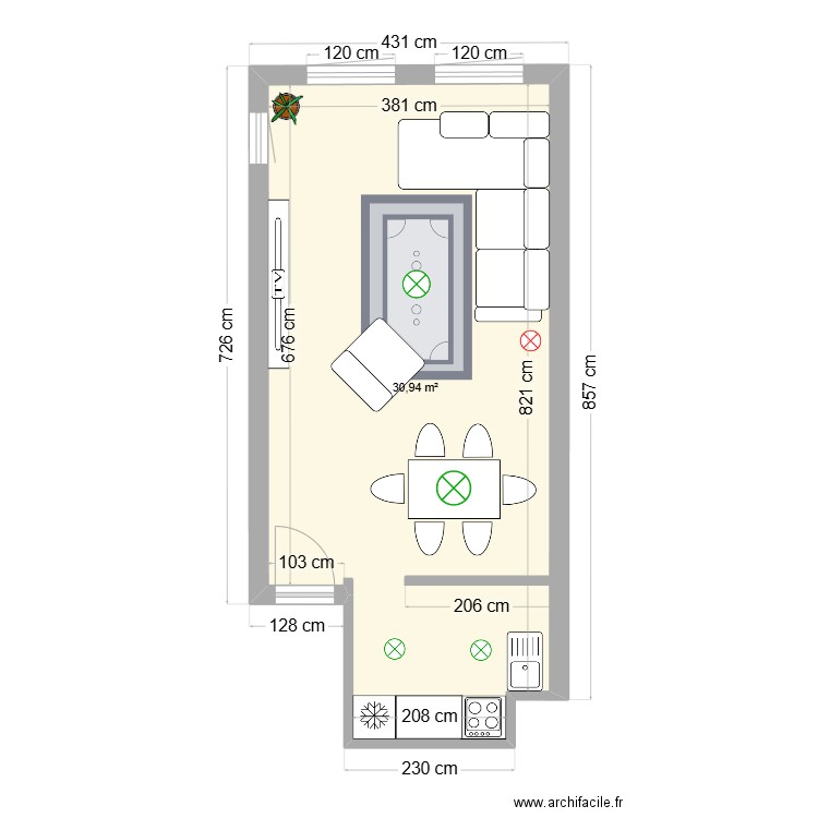 dnevna. Plan de 2 pièces et 62 m2