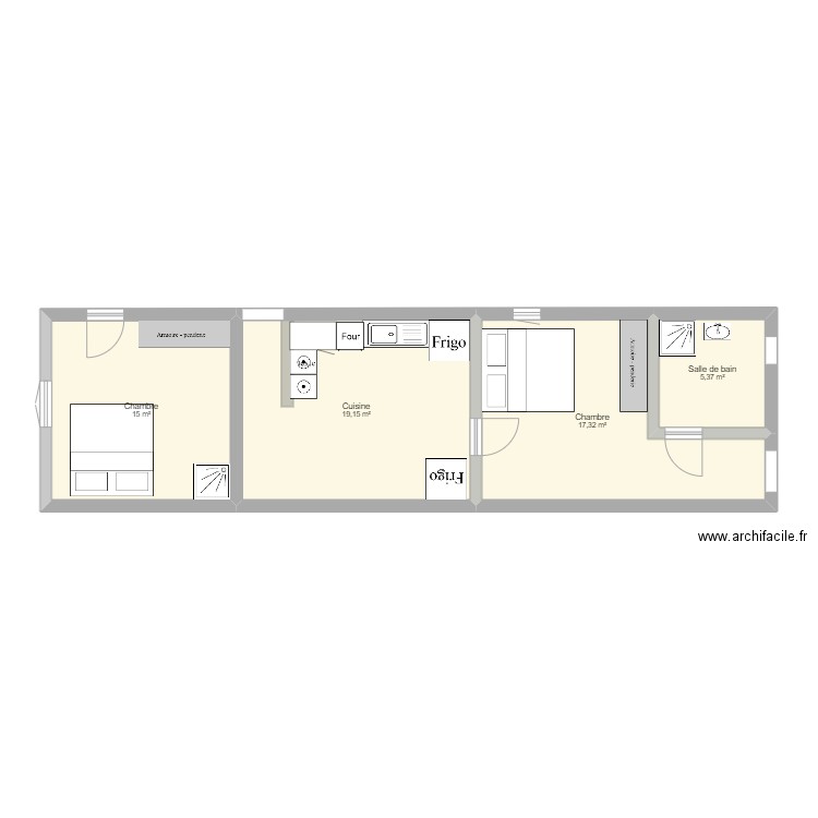 a renover. Plan de 4 pièces et 57 m2