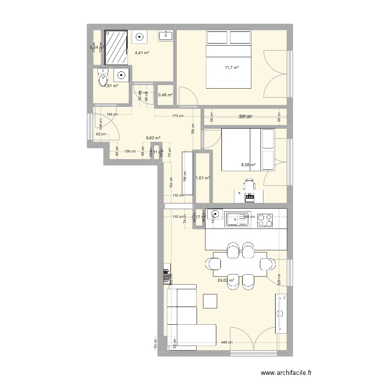 nala. Plan de 12 pièces et 64 m2