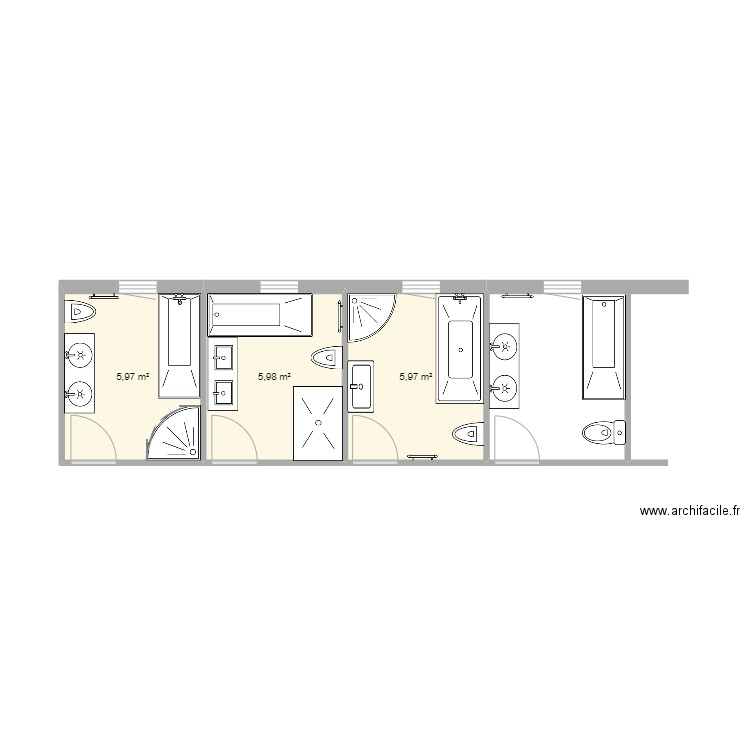 orliaguet, douche 1/4 rond et baignoire 170x70. Plan de 3 pièces et 18 m2