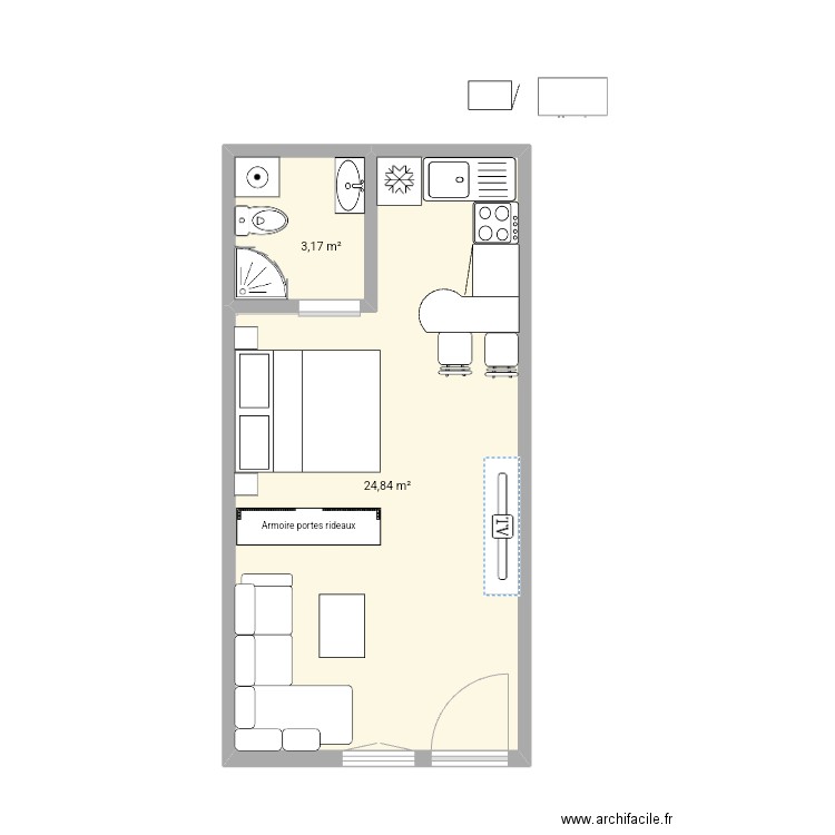 studio cap zebib  V2. Plan de 2 pièces et 28 m2