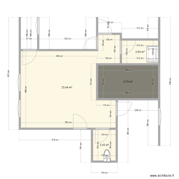 parquet. Plan de 4 pièces et 36 m2