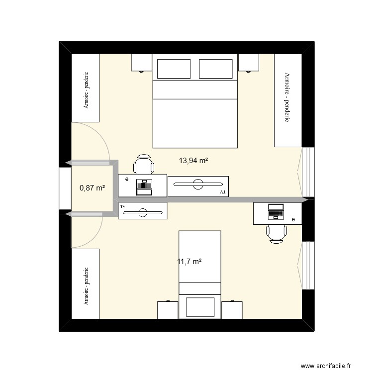 Ch T3. Plan de 3 pièces et 27 m2