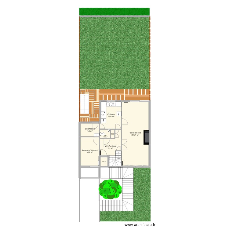 RDC. Plan de 9 pièces et 65 m2