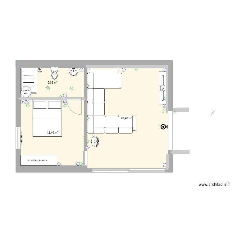 Chez les gosses. Plan de 3 pièces et 42 m2