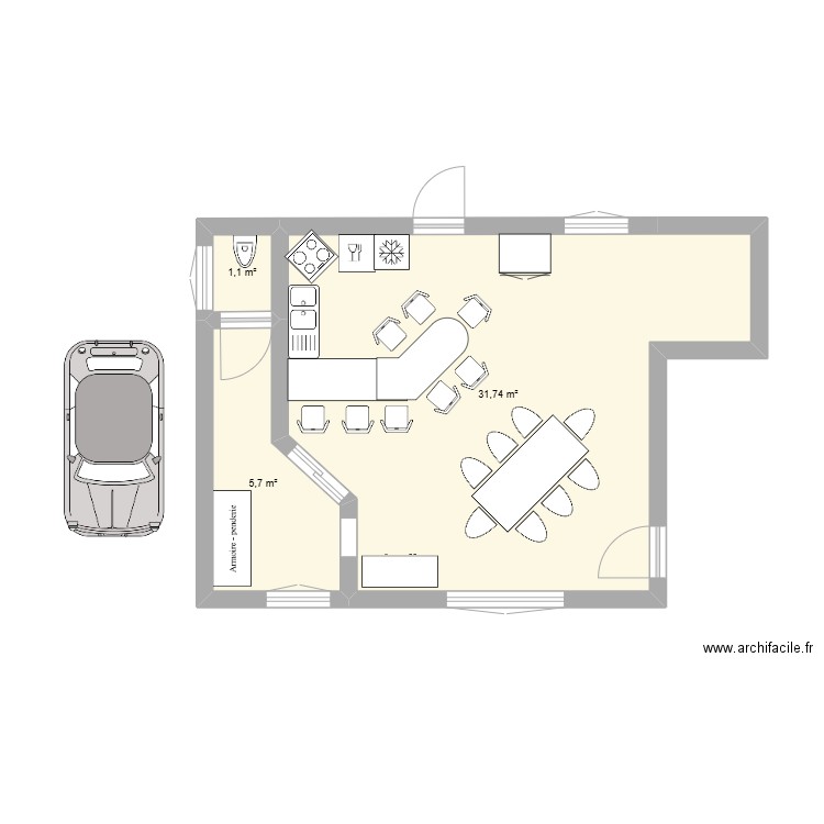 essai cuisine. Plan de 3 pièces et 39 m2